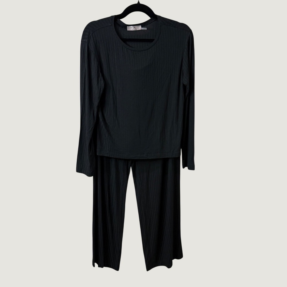 Natori Lounge Set L Black Ribbed Rayon Long Sleeve Top Wide Leg Pants 2 Piece